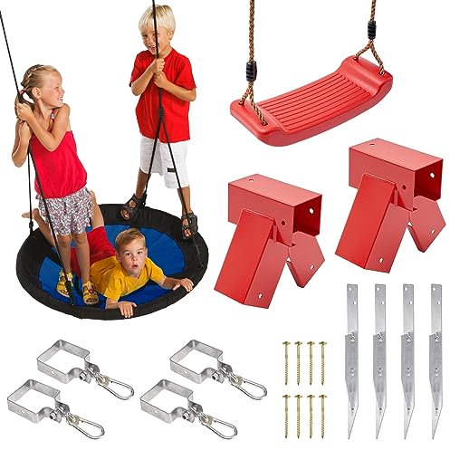 TRIBECCO Kinderschaukel Spielplatzschaukel Set mit Nestschaukel Bodenanker und Schaukelverbinder - Belastbar bis 150 kg - Ideal für Kinder und Erwachsene (90° Rot)