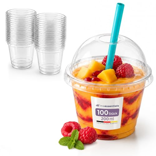 Inoverse Smoothie Becher 200 ml, 100 Stück, Slush Becher, mit Domdeckel | Transparentes R-PET, Dessertbecher, Eiskaffee Becher, Trinkhalmöffnung, für Obstsalat, Joghurt und Veranstaltungen