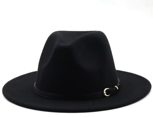 HEYANN Fedora Hut mit Breiter Krempe - Klassischer Unisex Trilby mit Gürtelschnalle für Damen und Herren - Panama Jazz Hut aus Filz (L, Schwarz)