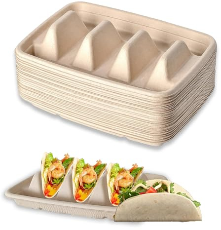 Quixotical Taco Holder 25 Pack, Disposable Taco Holder Stand, Cardboard Taco Holders, Taco Tray Holder with Handles, Taco Tray Plates Holds Up to 3 Tacos for Home, Parties, Restaurant