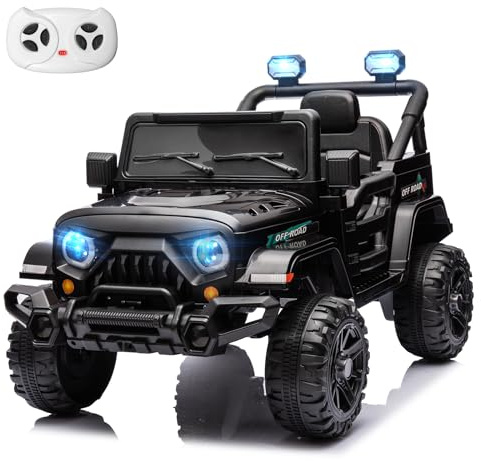 MINIATURE MOTORS 12V Kids Electric Ride on Truck Car Remote Control, Twin 35W Motors 3.5MPH Max Speed, Bluetooth Music Player, 4 Wheels Suspension LED Lights Safety Belt, Gift for Boys & Girls-Black