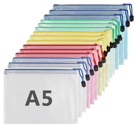 15 Stück Dokumententasche mit Reißverschluss A5, Wasserdichte Bunte Document Case, Datei Tasche Kunststoff für Dokumente, Quittung, Papier, Schule, Prüfungsblatt, Kosmetik, Reise (5 Farben)