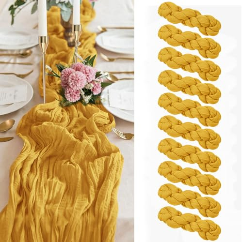 Lot de 10 chemins de Table en étamine Jaune Moutarde, Chemin de Table en Gaze de 10 Pieds, Chemin de Table en Tissu Semi-Transparent pour Mariage, Mariage Rustique bohème, fête prénuptiale