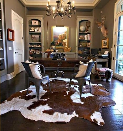 REAL/GENUINE COWHIDE LEATHER RUGS TRICOLOR COW FUR HIDE SKIN CARPET AREA (BROWN & WHITE, LARGE [20-24 SQFT])
