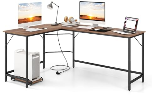 COSTWAY Escritorio Esquinero con Toma de Corriente, 168x125 cm, Escritorio en L Grande con Soporte para CPU, Marco de Metal, Mesa en L Oficina (Natural)