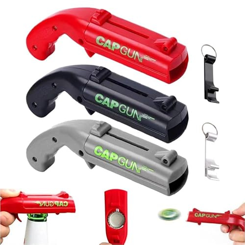 3 Pcs Beer Bottle Opener Cap Gun, Launcher Shooter Bottle Opener | Fun Capgun Launchers with 2 Mini Bottle Lifter Keyring, Beer Cap Opener Gifts for Husband/Father, Christmas, BBQs, Parties