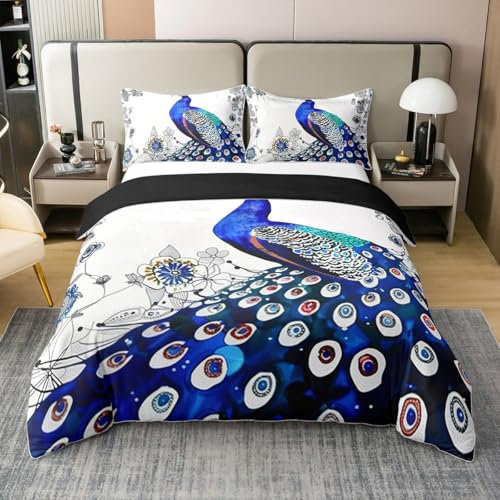 100% Bio Baumwolle Blau Pfau Tröster Abdeckung für Mädchen Kinder Jungen Retro Pfau Bettwäsche Set 200x200 Klassische Ästhetische Tier Weiche Leichte Bett Set Vintage Rustic Blumen Bettbezug