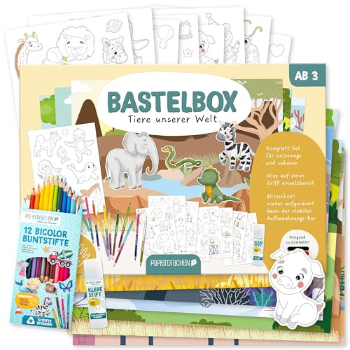 Papierdrachen Bastelbox Tiere unserer Welt – Komplett-Set -inkl. Stanzbögen u. Hintergründen – 12 Bicolor-Farbstifte - Klebestift - Aufbewahrungsbox - kreatives Lernen