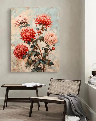 Taxpy Handgemalte Wandbilder Rote Chrysantheme, C, 50 * 70cm Kunstdruck Bilder Leinwandbilder Deko Home Deko für Schlafzimmer und Wohnzimmer