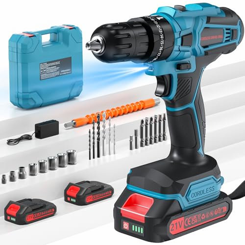 Taladro Percutor a Bateria 21V,Taladro Atornillador Bateria con 2x2.0Ah Baterías, 45Nm Atornillador Electrico,25+3 Ajuste de Par, 2 Velocidad, LED Luz, para en casa y jardín,bricolaje
