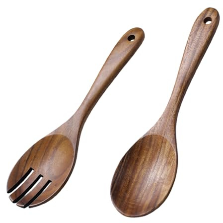 Generic 2 Pieces Wooden Salad Servers,10.2 inches Wood Serving Spoons Set Salad Mixing Dinner Fork and Spoon Long Handle Salad Tongs Kitchen Cooking Utensil Cutlery Set,Wooden Salad Tongs