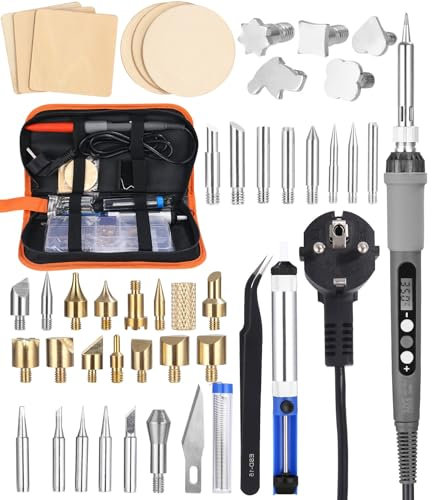 Saldatore a Stagno Kit, 60W saldatore pirografico Kit,Temperatura Regolabile 200°C-450°C con Interruttore ON/OFF,Punte di Saldatura, Filo per Saldatura, Pompa Dissaldante