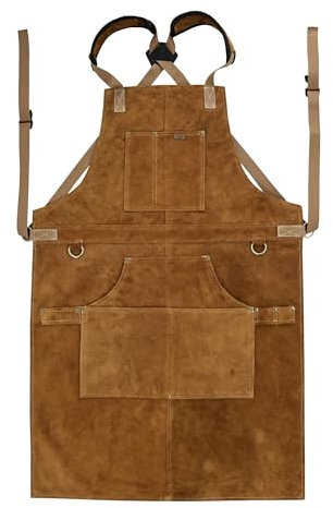 Charlie LONDON Cowhide Leather Work Aprons-Heavy-Leather bbq Apron Men with 6 Tool Pockets, Heat-Resistant Welding Apron for Men & Women, Adjustable Size M to XXL-Ideal for Workshop Use (TAN)