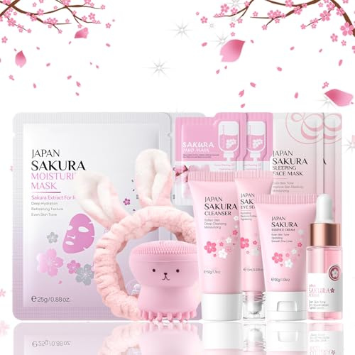 Skin Care Sets & Kits For Teenage Girls Gifts, Sakura Pamper Sets For Teenage Girls, Womens Christmas Gifts - Cleanser, Serum, Cream, Eye Serum, Face & Mud & Sleep Mask*2, Brush, Headband
