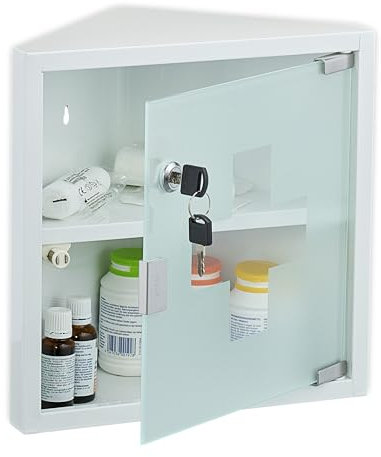 Relaxdays Medizinschrank, 2 Fächer, HxBxT: 30 x 30 x 17,5 cm, abschließbar, Stahl, Glastür, Eck Apothekenschrank, weiß