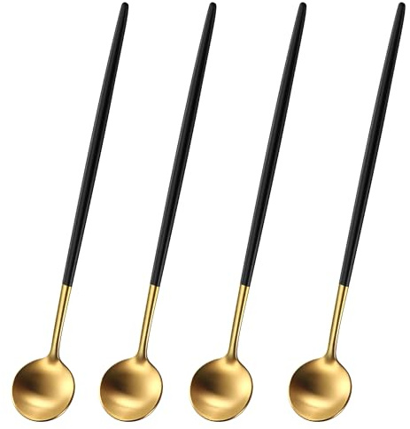 DEHOV Cucchiai lunghi SS18/10 in oro satinato da 20 cm, con manico nero, eleganti cucchiaini da tè ghiacciati, cucchiai da miscelazione con manico lungo per caffè, cocktail, gelato, latte
