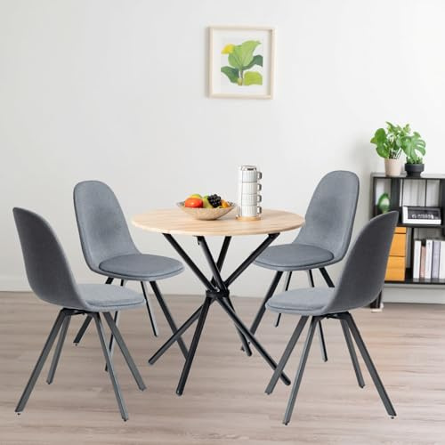 FurnitureR Runder Esstisch mit 4 Stühlen, Küchentisch Set für Esszimmer, Wohnzimmer, Balkon - Zedernfarbe-Schwarze+Grau-Drehbare