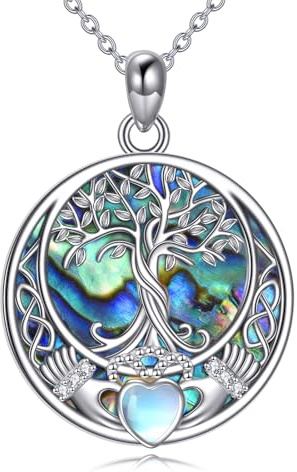 YAFEINI Baum des Lebens Halskette 925 Sterling Silber Mondstein Keltischer Knoten Pentagramm Anhänger Halskette für Damen Schmuck