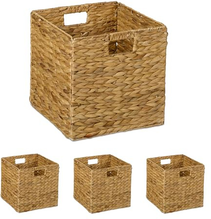 Relaxdays Cesta Almacenaje, Set de 4, Jacinto de Agua, Ropa, Juguetes, 30x30x30 cm, Cestita Trenzada Estantería, Natural