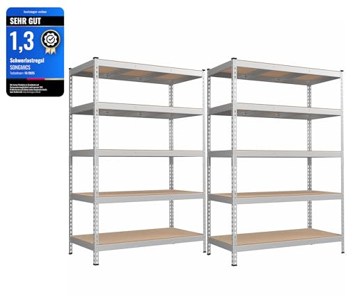 SONGMICS Schnelle Montage Schwerlastregal 2er Set, 5 Ablagen | Standregal, Lagerregal, Küchenregal, 60 x 120 x 180 cm, bis 875 kg belastbar, für Keller, Küche, Arbeitszimmer, silbern