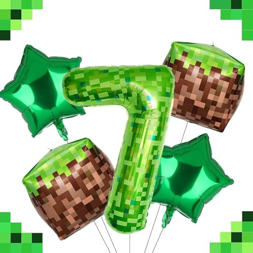 Ovanda Luftballon 7, Pixelmotiv Riesige Grüne Pixel Miner Thema Zahlenballon, Grasblöcke Luftballon, 5 Stück 100 CM XXL Folienballon 7, Luftballon 7 Jahre Mädchen, Luftballon 7 Jahre Junge