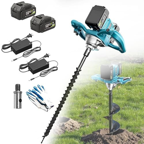 Electric Post Hole Digger, Cordless Fence Post Auger with 2 Batteries, 6 Adjustable Gears, Forward & Reverse Direction, Garden Planting Earth Auger,