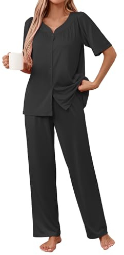Famulily Lounge Wear Set for Women UK Crew Neck with Pintuck Tops Elastic Waist Long Pants 2 Pcs Matching Sets Black XL