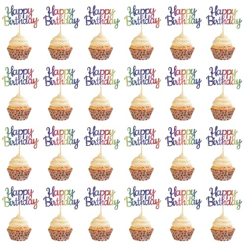 Thinp 24 Pcs Happy Birthday Cupcake Toppers, Happy Birthday Cake Decorations Glitter Birthdays Cake Toppers Rainbow Girls Cupcake Topper For Celebrating Birthdays Party Decorations Supplies
