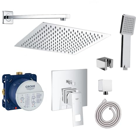 vanvilla Duschsystem Unterputz mit Duscharmatur Grohe poliert GE115 | Duscharmatur von Grohe Eurocube Einhebelmischer und vanvilla Regendusche Duschkopf eckig, Dusch-SET poliert