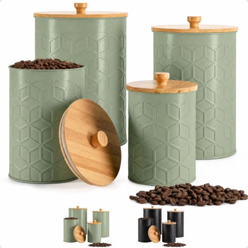 Kitchen Canisters for Countertop Set of 4 - Textured Iron Kitchen Canisters with Airtight Lids - Flour Sugar Canister Set - Flour and Sugar Containers Farmhouse - Coffee Jar for Counter - Sage Jar x4