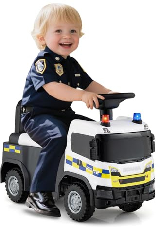 FANTASK 2 in 1 Rutschauto, Kinder Elektroauto Polizei mit Lenkrad, LED-Licht, Hupe & Musik, tragbares Kinderfahrzeug mit Stauraum, Elektrofahrzeug für Kinder ab 1 Jahr (Weiß)