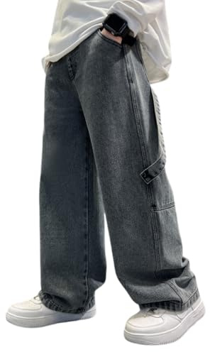 Rolanko Baggy jeans pojkar, brett ben elastisk midja och flera fickor, cargobyxor jeans för barn, GRÅ, 10-11 år