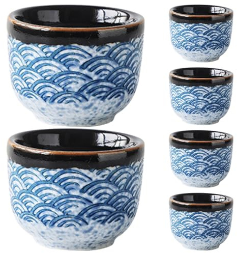 TOPPERFUN Juego de 6 Tazas de Té de Cerámica Japonesa Diseño de Ondas Marinas, Tamaño Mediano, Color Azul Qinghai, Multifunción para Hogar y Oficina, Vajilla Práctica para Uso Diario