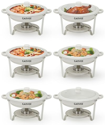 Garvee 6-Pack Maifanite-Coated Round Chafing Dish Buffet Set, 5.3QT Non-Stick Food Warmers with Glass Lids, Stackable Stainless Steel Bain Marie for Catering, Weddings & Parties