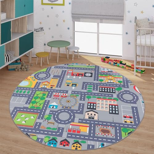 TT Home Spielteppich Kinderzimmer Teppich Kinderteppich Auto Straßen Muster, In Grau, Größe:Ø 160 cm Rund