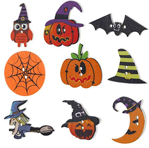 50Pcs Holzknöpfe Halloween Gemischte Fledermaus Spinne Kürbis Knöpfe Handwerk Knöpfe Niedlichen Holzknopf Nähen Knopf mit 2 Löchern für DIY Nähen Basteln Sammelalbum
