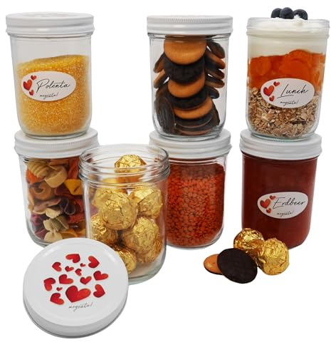 megusta!® 6 konserveringsburkar 480 ml | hjärtlock | syltburkar förvaringsburkar mason burk | Mealprep fermentering | Bakning + frysning | + 12 klistermärken