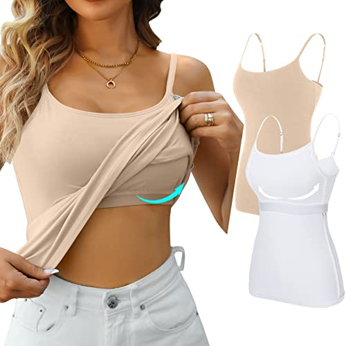 V FOR CITY Shelf Bra Tank Tops for Women Spaghetti Strap Camisole Top Summer Cotton Cami 2 Pack White Apricot Peach XL