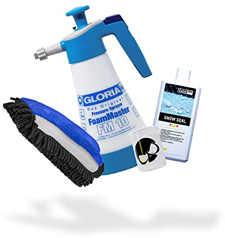 detailmate Foam & Seal Autowäsche Set: ValetPRO Snow Seal 500 ml + Gloria Foam Master FM10 Schaumsprüher 1 Liter + 3in1 Chenille Waschhandschuh + Griffin Messbecher 150 ml skaliert