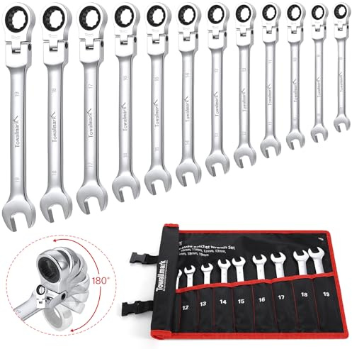 Towallmark Jeu de 12 clés à cliquet à tête flexible, métriques 8-19 mm, 72 dents, en acier Cr-V avec sac de rangement pour la maison, la voiture, le vélo, etc.