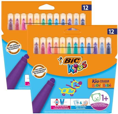 BIC Kids Filzstifte Kid Couleur Baby, Fasermaler zum Malen in 12 auswaschbaren Farben, mit stabiler Spitze, im Karton Etui, ab 1 Jahr, 2x 12 Stück