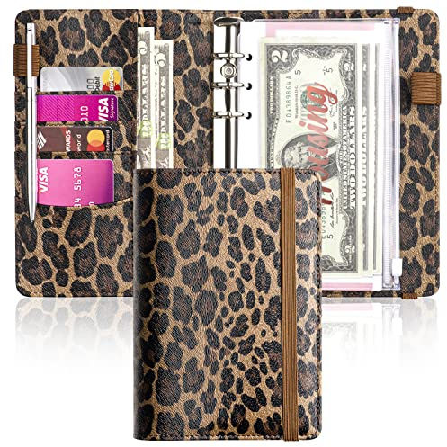 A6 Budget Binder for Money Saving, PU Leather Budget Planner with 8 Cash Envelopes, Budget Sheets & Rose Gold Category Stickers, Money Organizer for Cash (Brown Leopard)
