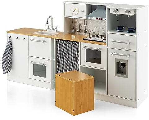 GYMAX Kids Play Kitchen, Wooden Corner Toy Kitchen with Washing Machine, Range Hood, Coffee Maker, Water Dispenser, Cooking Accessories, Realistic Light & Sound, Children Kitchen for 3 Years Old +