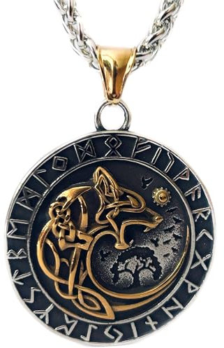 ZFSBRTL Wikinger Odin Wolf Fenrir Anhänger Halskette, Herren Gold&Silber Edelstahl Nordischen Mythologie Amulett Vegvisir Rune Keltischer Schmuck Geschenk 60cm Kette,Gold