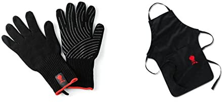 Weber 6669 Premium Grillhandschuhe, Größe S/M, Silikon Grifffläche, hitzebeständig & 6474 Grillschürze, schwarz mit rotem Kettle Grill