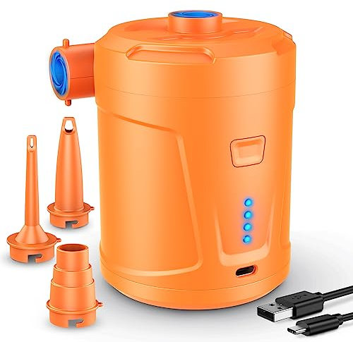 SUPPOU 5200mAh Portable Electric Air Pump (Orange), Fast Inflating/Deflating, Rechargeable, 3 Nozzles for Pool, Airbed, Boat