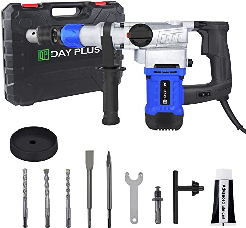 1080W Multifunctional Rotary Hammer Drill, Power Electric Hammer Vibration Control & Safety Clutch 360°Rotating Handle 4 Modes Drilling 6 Variable Speed,0-800 r/min Chisels and Drill Bits with Case