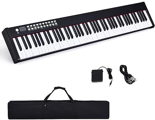 GYMAX 88 Keys Digital Piano, Portable Keyboard Piano with Bluetooth, MP3/USB/MIDI, Sustain Pedal, Rechargeable Battery & Carrying Bag, Full-size Electronic Keyboard for Beginners Kids Adult (Black)