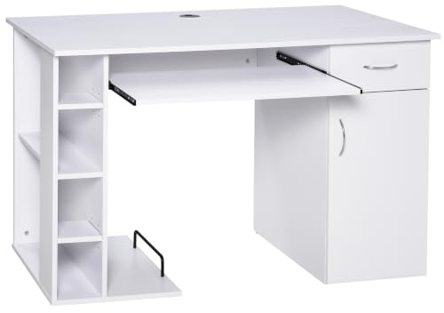 HOMCOM Mesa Escritorio para PC Mesa de Ordenador con Estantes Abiertos y baldas Ajustables Armario Soporte para CPU y Bandeja Extraíble 120x60x74 cm Blanco
