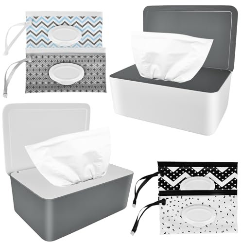 Feuchttücher Box Baby Toilettenpapier Box: Nizirioo 2 Stück Baby Feuchttücher Box und 4 Stück Baby Feuchttücher Spenderbeutel Set, Serviettenbox mit Deckel Nachfüllbare Feuchtücherboxen